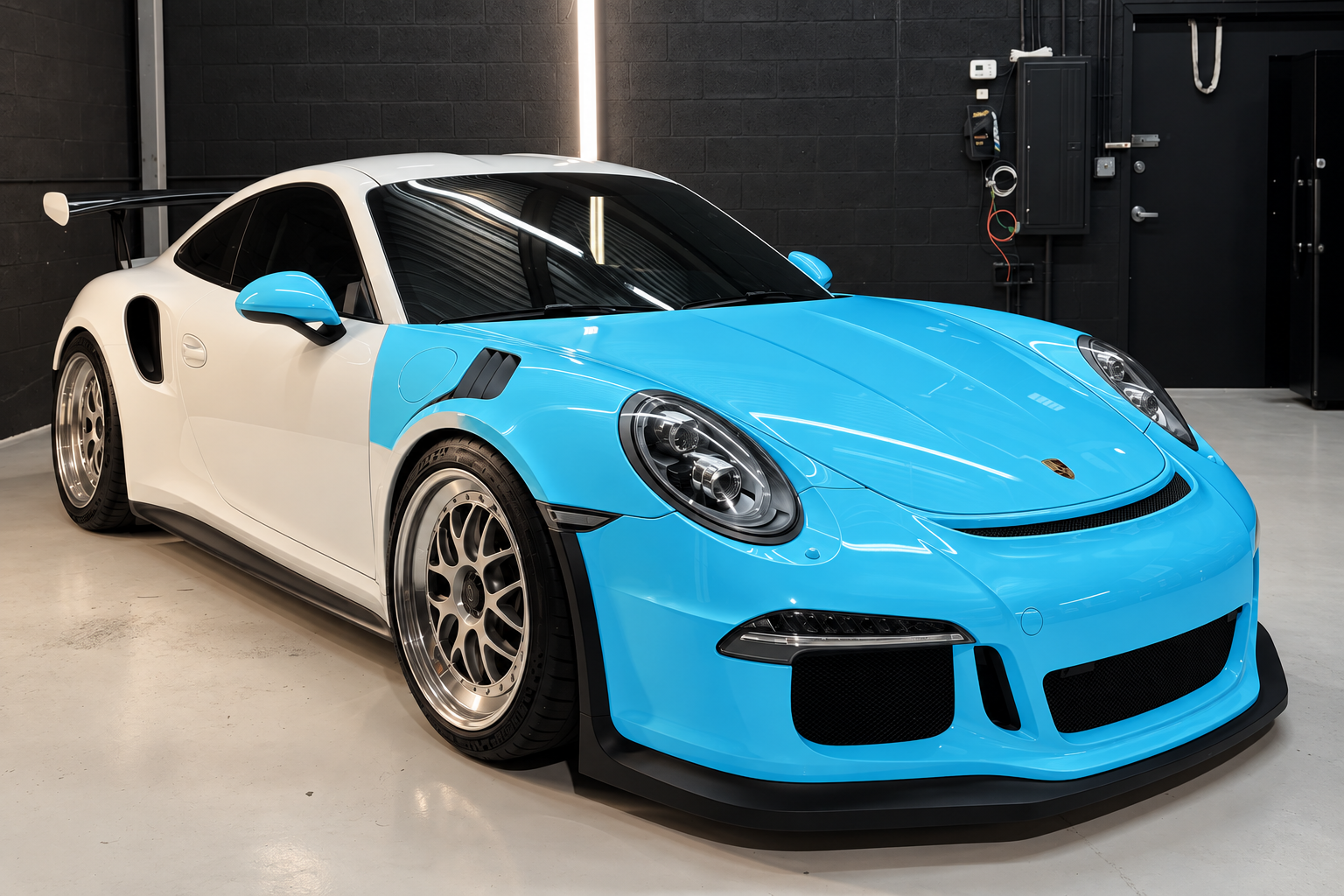 Porsche with front end PPF coverage highlighted in blue
